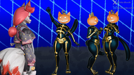 anthro big_breasts breasts clothed clothing female for_a_head gesture happy multi_tail pumpkin_head sparkles tail thick_thighs tight_clothing unimpressed waving stikcs darbernsfw_(modeler) twilightv0ids_(modeler) epic_games fortnite kimiko_five-tails spice_(fortnite) canid canine felid feline mammal object_head 16:9 3d_(artwork) digital_media_(artwork) hi_res mixed_media watermark widescreen