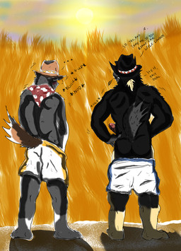 anthro cowboy deal duo erection male muscular penis star sunset tiger371 canid canine canis mammal wolf colored hi_res