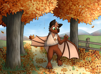 acorn amazing_background anthro autumn bandage bandaged_arm bandaged_wing brown_body brown_fur brown_wings claws detailed_background falling_leaves fence finger_claws food fruit fur green_eyes leaf looking_at_object male membrane_(anatomy) membranous_wings mountain neck_tuft nut_(fruit) oak_tree orange_leaves outside plant semi-anthro solo three-quarter_view tree tuft walking winged_arms wings wood wood_fence moemneop pavlos_andriades bat leaf-nosed_bat mammal microbat yangochiropteran 2025 absurd_res detailed hi_res signature