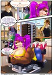 ambiguous_gender anthro athletic_wear big_breasts breast_implants breasts clothing footwear group gym hair high_heels huge_breasts male muscular pink_eyes purple_hair shoes trio berymuch bimbear bear canid canine canis mammal wolf absurd_res hi_res busty_boy_(lore)