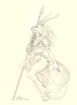 accessory anthro female furgonomics fuzzy horn looking_away loose_shirt melee_weapon polearm simple_background solo spear tail tail_accessory weapon white_background kittiara mythology dragon mythological_creature mythological_scalie scalie hi_res sketch