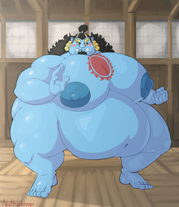 anthro belly big_belly big_breasts blue_body breasts curly_hair dark_nipples dojo fighting_pose hair hyper male not_furry overweight pose solo tusks nathanlepoyo one_piece jinbe animal_humanoid fish fish_humanoid humanoid marine marine_humanoid absurd_res hi_res