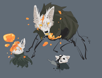 ambiguous_gender black_eyes black_nose clothing empty_eyes feral fur group inner_ear_fluff melee_weapon mouth_closed open_mouth orange_eyes sharp_teeth teeth trio tuft weapon white_body white_fur wounded aaasakawa hollow_knight_(franchise) team_cherry broken_vessel_(hollow_knight) hollow_knight_(character) the_knight_(hollow_knight) canid canine infected_(species) mammal 2025 hi_res