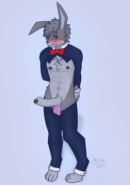 >:3 anthro athletic balls big_penis blush bodypaint clothing costume decoration digitigrade easter_balls easter_egg embarrassed erection foreskin fur genitals grey_body grey_fur hands_behind_back holidays humanoid_genitalia humanoid_penis male nipples painted_balls partially_retracted_foreskin penis reverse_bunny_costume ribbons simple_background solo throbbing throbbing_penis azurgyn easter lagomorph leporid mammal rabbit digital_drawing_(artwork) digital_media_(artwork) hi_res signature
