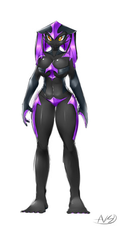 armor belt_bra black_body breast_squish breasts female frown simple_background solo squish standing thick_thighs white_background yellow_eyes averyshadydolphin quan_(averyshadydolphin) alien alien_humanoid humanoid 2015 hi_res signature unavailable_at_source