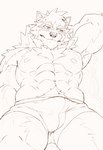 abs anthro biceps blush bodily_fluids bulge clothed clothing hand_behind_head looking_away looking_down male nipples pecs solo sweat underwear underwear_only heylaw21 lifewonders live_a_hero barrel_(live_a_hero) canid canine canis mammal wolf 2024 digital_media_(artwork) hi_res sketch