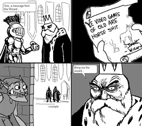 beard clothed clothing dialogue facial_hair humor king knight male not_furry royalty teeth text warrior 3-angled-blue human humanoid mammal orc troll_(mythology) 2008 black_and_white comic digital_media_(artwork) english_text monochrome