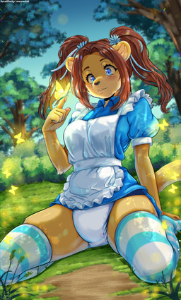 abdl anthro apron breasts clothed clothing cosplay diaper diaper_fetish diaper_under_clothing dress female forest grass hair legwear maid_apron maid_uniform medium_breasts padded pigtails plant ponytail sitting solo stockings tree uniform wearing_diaper meowtat fan_character felid lion mammal pantherine absurd_res hi_res