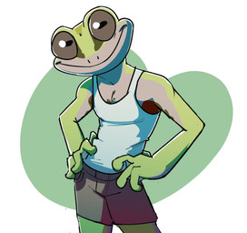 anthro biped bottomwear brown_eyes clothed clothing fingers green_body green_skin horizontal_pupils male pupils shorts smile solo rabbitpatches amphibian frog hi_res