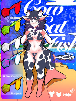 1980s_theme animal_print animal_print_bikini anthro armband barbel_(anatomy) big_breasts bikini blush breasts clothing cow_print cow_print_bikini curly_hair female fin fish_hook fish_tail fishing fishing_lure footwear gradient_background gradient_hair hair heart_eyes heart_symbol hook inner_ear_fluff lake pattern_bikini pattern_clothing pattern_swimwear pink_body simple_background socks solo swimwear thick_thighs tuft two-piece_swimsuit vaporwave water wavy_hair white_body daybreakfade celine_(daybreakfade) catfish fish marine 3:4 absurd_res hi_res
