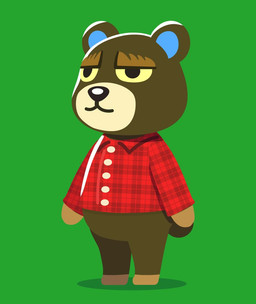 anthro biped black_nose brown_body chibi clothing green_background male shirt simple_background solo topwear kopa_nishikida animal_crossing nintendo grizzly_(animal_crossing) bear mammal 2021