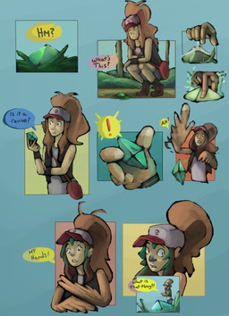 dialogue exclamation_point feather_growth feathers female gem green_gem growth human_to_feral solo species_transformation speech_bubble transformation z-crystal fauvfox nintendo pokemon hilda_(pokemon) decidueye generation_7_pokemon human mammal pokemon_(species) 2017 comic hi_res