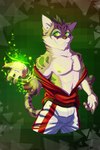 anthro bottomwear clothing countershading fur gradient_background green_eyes magic male red_clothing red_topwear shorts simple_background smile solo topwear triangle_(shape) white_bottomwear white_clothing young leo-artis nekojishi studio_klondike shu-chi deity felid feline leopard_cat mammal prionailurus 2022 2:3 absurd_res hi_res