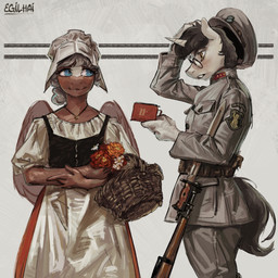 anthro basket bayonet belt black_hair blue_eyes book bouquet brown_body brown_eyes clothing container dress duo eyewear female flower flower_bouquet glasses grey_hair grey_uniform gun hair hat headgear headwear holding_book holding_object horn jewelry knife looking_at_another looking_at_object military_uniform necklace plant ranged_weapon reading rifle simple_background standing uniform weapon white_body wings egilhai equestria_at_war hasbro my_little_pony mythology equid equine mammal mythological_creature mythological_equine pegasus unicorn 1:1 hi_res inspired_by_formal_art signature