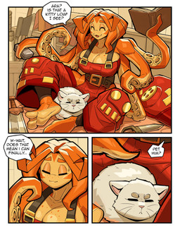 6_arms anthro apron ara_ara axe belt big_breasts blacksmith bodily_fluids book breasts cleavage clothed clothing dialogue eyes_closed female feral freckles fur headgear headwear holding_object loaf male melee_weapon metal_bar multi_arm multi_limb nails open_mouth open_smile orange_body orange_skin orange_tentacles pouch_(clothing) pseudo_hair shaking sitting smile solo speech_bubble sweat sweatdrop sword tentacle_hair tentacles text trembling weapon whiskers white_body white_fur wide_hips ceehaz hama_(ceehaz) michael_(ceehaz) animal_humanoid aquatic aquatic_humanoid cephalopod cephalopod_humanoid felid feline felis humanoid mammal mollusk mollusk_humanoid octopus_humanoid 2021 absurd_res comic english_text hi_res