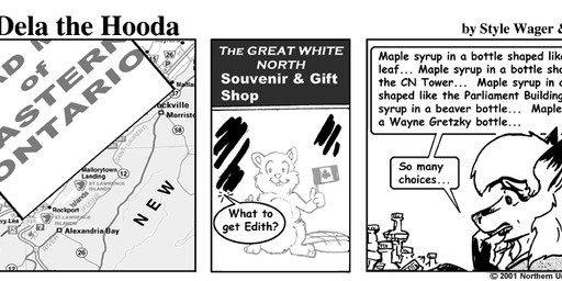 anthro canadian_flag clothed clothed_female clothing dialogue dipstick_ears ear_markings female fur hair map multicolored_ears solo text style_wager dela_the_hooda dela_aldershaw canid canine fox hooda mammal comic english_text greyscale monochrome