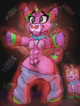 8_breasts bottomwear breasts candy clothing cross dessert duo eyelashes female food fur genitals horn multi_breast multi_nipple nipples pants pinata pink_body pink_fur transformation vulva cashier:3 mythology scp_foundation scp-956 animate_inanimate equid equine living_pinata mammal mythological_creature mythological_equine unicorn 2019 3:4