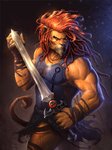 anthro armor beard biceps facial_hair frown fur hair male melee_weapon muscular muscular_anthro muscular_male pecs scowl solo sword sword_of_omens vein weapon nestor_nezt_ossandon thundercats thundercats_1985 lion-o felid mammal