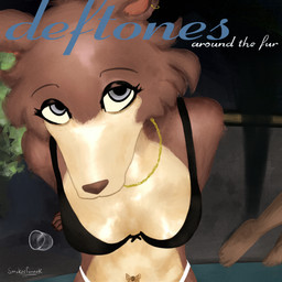 album_redraw anthro bikini blep blue_eyes breasts brown_body brown_fur cleavage clothed clothing collar container cup detailed_background ear_piercing ear_ring female fur glass glass_container glass_cup half-closed_eyes high-angle_view light makeup mascara multicolored_body multicolored_fur narrowed_eyes navel navel_piercing piercing ring_piercing shadow solo swimwear tattoo text tongue tongue_out two-piece_swimsuit two_tone_body two_tone_fur smokerfennek around_the_fur_(album) beastars deftones juno_(beastars) canid canine canis mammal wolf 1:1 2025 absurd_res album_cover artist_name colored cover detailed digital_drawing_(artwork) digital_media_(artwork) digital_painting_(artwork) english_text hi_res lighting painting_(artwork) portrait redraw shaded signature three-quarter_portrait