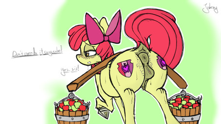 anatomically_correct anatomically_correct_genitalia anatomically_correct_vulva animal_genitalia animal_vulva anus blush bodily_fluids bow_tie breasts butt cheek_tuft clitoris cutie_mark equine_genitalia equine_vulva facial_tuft female feral fetlocks freckled_butt freckles fur genitals hair nipples nude open_mouth simple_background solo sweat sweatdrop sweaty_butt sweaty_genitalia tail teats text tuft vulva young johrnyreport friendship_is_magic hasbro my_little_pony apple_bloom_(mlp) earth_pony equid equine horse mammal pony digital_media_(artwork) hi_res