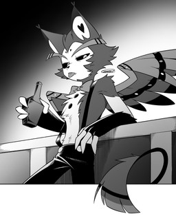 anthro bottle container feathered_wings feathers holding_bottle holding_container holding_object male solo suspenders tongue tongue_out wings enaic31 hazbin_hotel hellaverse husk_(hazbin_hotel) demon domestic_cat felid feline felis mammal hi_res monochrome