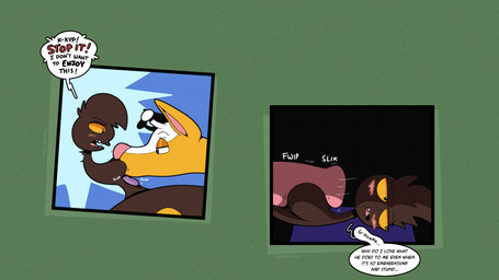 antlers blue_eyes blush blush_lines breast_lick breast_play breasts brown_body brown_fur dialogue disembodied_penis duo embarrassed embarrassed_expression embarrassed_horny fur genitals horn licking living_tail male onomatopoeia orange_sclera penis pink_nose pink_tongue purple_tongue sharp_teeth sound_effects speech_bubble tail tail_head teeth text tongue unusual_anatomy unusual_tail yellow_body yellow_fur respecies nintendo pokemon kyp_(character) trevor-fox_(character) generation_2_pokemon girafarig pokemon_(species) 16:9 hi_res widescreen nonbinary_(lore)