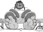 clothing duo eyewear feet footwear glasses looking_down male micro overweight overweight_male sandals shoes dj-rodney steve_jovonovich bear mammal 4:3 absurd_res black_and_white hi_res monochrome