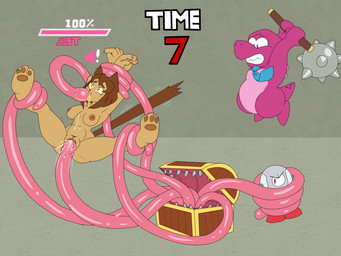 anthro areola biped bodily_fluids breasts brown_body brown_hair cum cum_in_mouth cum_in_vagina cum_inside female genital_fluids genitals group hair holding_mace machine nipples nude penetration pink_body pink_tentacles pubes restrained restrained_by_tentacles sex sharp_teeth simple_background spread_legs spreading teeth tentacle_fellatio tentacle_in_vagina tentacle_penetration tentacle_sex tentacles text vaginal vaginal_penetration vulva lurking_tyger gameoverse glitch_productions gobbles_(gameoverse) kaboodle_(gameoverse) kit_bodega dinosaur domestic_cat felid feline felis mammal mimic prehistoric_species reptile robot scalie 4:3 hi_res