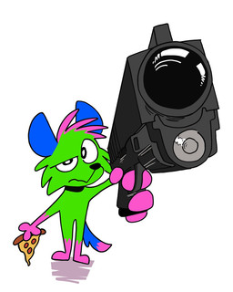 black_nose blue_body blue_ears blue_fur blue_tail dipstick_tail food fur gloves_(marking) green_body green_fur green_hair gun hair handgun head_tuft holding_food holding_gun holding_handgun holding_object holding_pistol holding_pizza holding_ranged_weapon holding_weapon leg_markings looking_at_viewer markings one_eye_half-closed paws pink_body pink_fur pink_hair pink_hair_tips pink_tail_tip pistol pizza pizza_slice pointing_gun_at_viewer ranged_weapon semi-anthro simple_background socks_(marking) standing tail tail_markings tuft weapon white_background white_sclera nekeithfox don't_touch_my_pizza_(meme) kevin_(nyanwolf) 4:5 hi_res meme