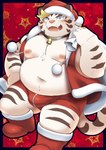 anthro belly big_belly blush bulge christmas_clothing christmas_headwear clothing cute_fangs fangs hat headgear headwear holidays humanoid_hands kemono male moobs navel nipples overweight overweight_male santa_hat solo teeth underwear white_body ptcmtr christmas lifewonders tokyo_afterschool_summoners licho_(tas) felid mammal pantherine tiger 2021 absurd_res hi_res