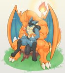 anthro aroused big_bulge bulge claws detailed_bulge duo erection eyes_closed fire genital_outline hug long_tail love male male/male muscular muscular_male partners penis_outline sitting_on_bulge spikes tail tired toe_claws wings tonkotsu_spicy_noodle nintendo pokemon charizard generation_1_pokemon generation_4_pokemon lucario pokemon_(species) absurd_res hi_res