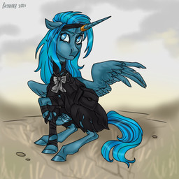 adolescent alternate_universe bandage blue_body blue_eyes blue_fur clothing feathers female feral fur horn mane outside quadruped ring sitting solo torn_clothing turquoise_hair wings young rasmary fallout_equestria hasbro my_little_pony mythology fan_character equid equine horse mammal mythological_creature mythological_equine pony winged_unicorn 1:1 2024 digital_media_(artwork) full-length_portrait hi_res portrait