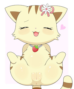 accessory anthro anus blush brown_markings brown_stripes chibi eyes_closed female flower flower_accessory food fruit fur genitals hair_accessory hairclip heart_symbol jewelry love_handles markings necklace plant presenting presenting_vulva ribbons slightly_chubby solo spread_legs spreading strawberry striped_body striped_fur stripes tail thick_thighs vulva yellow_body yellow_fur azuo jewelpet sanrio sega sega_fave sango_(jewelpet) domestic_cat felid feline felis mammal tabby_cat hi_res