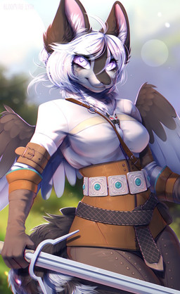 anthro armor black_body black_fur blurred_background brown_wings clothed clothing fangs feathered_wings feathers female front_view fur grey_body grey_fur hair looking_at_viewer outside purple_eyes smile solo standing teeth topwear white_clothing white_eyes white_hair white_topwear white_wings wings bloominglynx mythology dragon furred_dragon furred_scalie mythological_creature mythological_scalie scalie hi_res