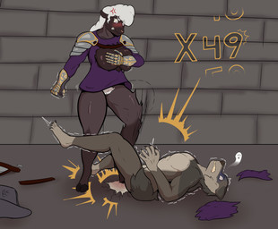 angry anthro armor ballbusting balls big_breasts bottomless breasts brown_body brown_fur clothed clothing cloven_hooves cock_and_ball_torture combo_meter covering covering_breasts covering_self cross-popping_vein dominant dominant_female duo embarrassed feet female foot_fetish foot_play fur gauntlets genital_torture genitals gloves grey_body grey_fur hair handwear hoof_fetish hooves impact_lines male male/female motion_lines muscular muscular_female muscular_male nude number penis plantigrade pubes shaking shocked stepping_on_balls stomping submissive submissive_male tail torn_clothing twitching wardrobe_malfunction white_hair rafitos mythology hannah_(rafitos) bovid canid canine canis caprine mammal mythological_canine mythological_creature sheep werecanid werecanine werecreature werewolf wolf absurd_res cel_shading hi_res shaded