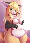 2019 5_fingers anthro blonde_hair blush breast_squeeze breasts canid canine covering covering_breasts covering_self featureless_breasts female female_anthro fingers fox fur green_eyes hair hand_on_breast hi_res holding_breast japanese_text kemono long_hair looking_at_viewer mammal navel nude open_mouth overweight overweight_anthro overweight_female shiitakemeshi solo squeezing teeth text
