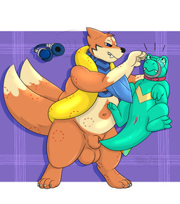 animal_genitalia balls big_balls bite bite_mark blue_body blue_eyes blue_scales claws cloaca electronics eyewear fur genitals glasses headphones male orange_body orange_fur penis penis_tip scales scarf sheath alex.fetter nintendo pokemon flint_(flintzell) totodileweeb18 floatzel generation_2_pokemon generation_4_pokemon pokemon_(species) totodile hi_res