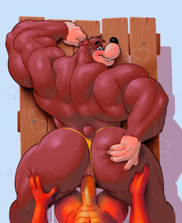 anal anal_penetration anthro barazoku bareback big_butt big_penis bite biting_lip blue_background blue_eyes brown_body butt clothed clothing clothing_aside duo first_person_view from_behind_position furniture genitals humanoid_genitalia humanoid_penis larger_male larger_penetrated larger_sub looking_at_viewer looking_back looking_back_at_viewer male male/male male_penetrated male_penetrating male_penetrating_male male_pov muscular muscular_male nude orange_body partially_clothed penetration penile penile_penetration penis picnic_table sex simple_background size_difference smaller_male speedo submissive swimwear table thick_thighs topless underwear underwear_aside mezcal_(artist) activision banjo-kazooie crash_bandicoot_(series) rareware banjo_(banjo-kazooie) crash_bandicoot bandicoot bear mammal marsupial artist_collaboration crossover hi_res