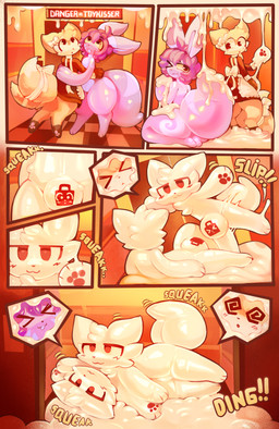 after_transformation anthro duo elevator goo_transformation latex male null_bulge pawpads pink_pawpads toyification transformation transformation_sequence white_latex latexm4n boy_kisser_(meme) khloe_prower nystre_(character) canid canine fox mammal absurd_res comic hi_res meme