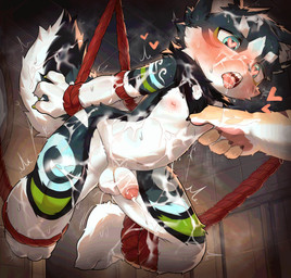 anthro bdsm blue_eyes blush bodily_fluids bondage bound cum cum_everywhere ejaculation floating_heart fur genital_fluids hands_behind_back heart_symbol inside kemono male messy multicolored_body multicolored_fur navel nipple_fetish nipple_pinch nipple_play nipples nude offscreen_character open_mouth orgasm orgasm_face pinch restraints rope rope_bondage solo_focus suspension suspension_bondage sweat teeth tongue tongue_out tremble_spikes young young_anthro young_male sosak0622 mammal 2026 absurd_res hi_res