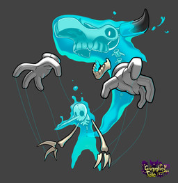 3_fingers 3_horns 4_fingers ambiguous_anthro ambiguous_gender ambiguous_humanoid anthro black_horn blue_eyes bone clothing cracks duo empty_eye_sockets fingers floating_fingers floating_hands floating_head gloves gloves_only grey_background handwear handwear_only horn larger_ambiguous larger_anthro legless light long_nose mostly_nude mostly_nude_ambiguous mostly_nude_anthro multi_horn no_eyebrows nude_ambiguous nude_humanoid puppet_strings puppeteer rib_cage simple_background size_difference skeleton smaller_ambiguous smaller_humanoid string teeth text water white_body white_clothing white_eyes white_gloves white_handwear inkarat_mittongtare grimmlins_tale animated_skeleton bovid grimmlin humanoid mammal marrownette undead 2022 absurd_res clip_studio_paint_(artwork) colored digital_drawing_(artwork) digital_media_(artwork) english_description english_text full-length_portrait hi_res lighting official_art portrait shaded