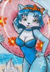2013 accessory anthro beach big_breasts blue_body blue_fur bow_(feature) bow_accessory bow_ribbon breasts canid canine cleavage clothed clothing detailed_background female fox fur green_eyes hair hair_accessory hair_bow hair_ribbon inflatable inner_tube krystal_(star_fox) looking_at_viewer mammal nintendo one-piece_swimsuit outside pool_toy ribbons sand seaside smile solo star_fox swimwear vani-fox white_body white_fur