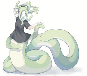 apode black_clothing black_dress black_hair_accessory blush clothed clothed_draconcopode clothed_female clothing dress female green_body green_eyes green_hair hair legless living_hair living_tail long_tail looking_aside pseudo_hair serpentine simple_background snake_hair snake_tail solo split_form tail unusual_anatomy unusual_tail white_background whitechip european_mythology greek_mythology mythology medusa draconcopode lamia reptile scalie snake 2023 hi_res