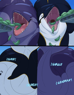 black_body black_tail blue_background bodily_fluids cetacean_tail compass conveyor_belt dolphin_tail dorsal_fin duo eyes_closed female feral fin grey_body male obese obese_feral overweight overweight_feral saliva simple_background stripes stuffing tail teeth text tongue underwater vore water white_tail yellow_stripes dolphinproject hera_(reececav27) aquatic cetacean dolphin fish mammal oceanic_dolphin orca toothed_whale 2026 english_text hi_res