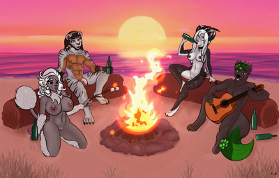 4_toes abs acoustic_guitar anthro areola balls beach beard bent_arm bent_legs big_breasts black_areola black_beard black_body black_claws black_collar black_eyebrows black_eyes black_facial_hair black_fur black_horn black_nipples black_nose black_spots black_stripes black_tail bottle breasts brown_areola brown_balls brown_body brown_fur brown_nipples campfire candy casual_nudity claws collar collar_only collar_tag collarbone container dessert dipstick_tail drinking evening eyebrows eyelashes eyes_closed facial_hair feet female female_anthro finger_claws fire flaccid food fur genitals grass green_eyes green_pawpads green_tail_tip grey_body grey_claws grey_eyebrows grey_fur grey_tail grey_vulva group guitar hair half-closed_eyes happy holding_bottle holding_container holding_object holding_stick horn humanoid_genitalia humanoid_penis light lips long_hair male male_anthro markings marshmallow medium_breasts multicolored_body multicolored_claws multicolored_fur multicolored_tail muscular muscular_anthro muscular_male musical_instrument narrowed_eyes navel nipples nude nude_anthro nude_beach nude_female nude_male open_mouth open_smile orange_eyes outdoor_nudity outside pawpads pecs penis pink_penis pink_sky plant playing_guitar playing_music plucked_string_instrument public public_nudity red_areola red_lips red_nipples red_pawpads red_tongue roasting_marshmallow rock sea sitting_on_log sky smile social_nudity spots spotted_body spotted_fur stick string_instrument striped_body striped_fur stripes summer sun sunset tail tail_markings toes tongue toothy_smile vulva water whisker_spots white_body white_fur white_hair evilangel_art brittany_'britt'_holdbrook-smith dean_(evilangel_art) jazz_mary_barkley_iii canid canine canine_demon canis domestic_dog felid lion mammal pantherine poodle wolf 2024 colored digital_drawing_(artwork) digital_media_(artwork) english_description hi_res lighting shaded signature