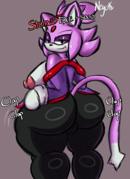accessory anthro areola bedroom_eyes big_breasts big_butt bottomwear breasts butt butt_jiggle camel_toe clothed clothing exposed_breasts female fur gloves hair hair_accessory handwear jiggling looking_at_viewer looking_back narrowed_eyes nipples pants presenting presenting_hindquarters purple_body purple_clothing purple_fur purple_hair raised_bottomwear raised_clothing raised_skirt seductive side_boob skirt smug solo sound_effects tail teasing text thick_thighs twerking undressing neyusleep sega sonic_the_hedgehog_(series) blaze_the_cat blaze_the_cat_(outcome_memories) domestic_cat felid feline felis mammal absurd_res hi_res