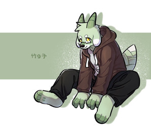 anthro black_bottomwear black_clothing black_nose black_pants bottomwear closed_smile clothed clothing eyewear floppy_ears fur glasses glistening glistening_eyes green_body green_fur green_horn green_tail head_tuft horn male mouth_closed pants rectangular_glasses simple_background sitting smile solo tail three-quarter_view tuft white_body white_fur asnnonaka takenoko_(asnnonaka) species_request portrait three-quarter_portrait