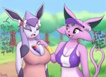 anthro beverage_can bra breasts clothing duo female holowear_(pokemon) jewelry medium_breasts object_between_breasts shirt sports_bra text topwear underwear an-tonio nintendo pokemon pokemon_unite catalina_(rainbownspeedash) silvia_(an-tonio) eeveelution espeon generation_2_pokemon generation_4_pokemon glaceon pokemon_(species) absurd_res digital_media_(artwork) english_text hi_res