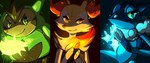 2015 amphibian anthro arm_tuft attack blue_body braixen brown_body brown_hair canid canine claws color_partitioning eulipotyphlan eyelashes female fire frogadier fur generation_6_pokemon green_body group hair hedgehog hi_res male mammal multicolored_body multicolored_fur nintendo nyankyuu nyankyuu_(artist) orange_body orange_fur partitioning pokemon pokemon_(species) quilladin shoulder_tuft spikes starter_trio trio tuft white_body white_fur yellow_body yellow_fur yellow_sclera