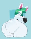 anthro big_breasts big_butt blue_background blush bodily_fluids bottomless breast_squish breasts bulumble-bee butt butt_pose clothed clothing emmy_(bulumble-bee) female frown green_eyes green_hair hair hi_res huge_butt lagomorph leporid looking_at_viewer looking_back low-angle_view mammal muscular muscular_female no_underwear pose rabbit simple_background skindentation solo squish sweat sweatdrop thick_thighs